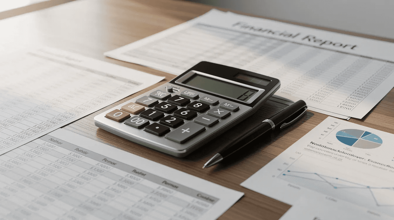 The image depicts a calculator, a pen, and various financial documents scattered across a desk, suggesting a focus on business finance. These items may relate to concepts such as hire purchase agreements, cash flow management, and tax benefits associated with asset finance.