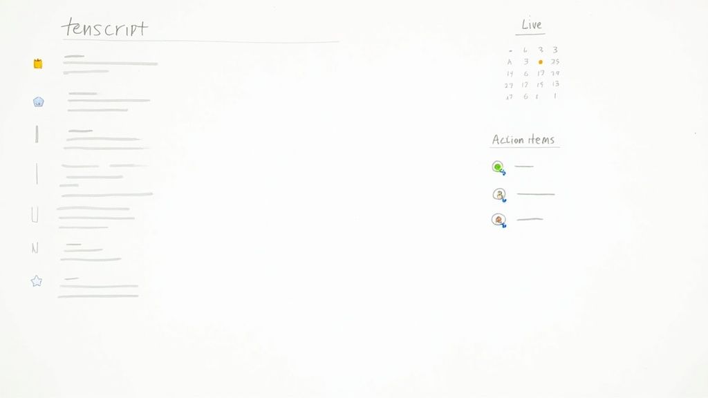 Handwritten notes on a whiteboard with sections for 'tenscript,' 'Live' data, and 'Action Items.'
