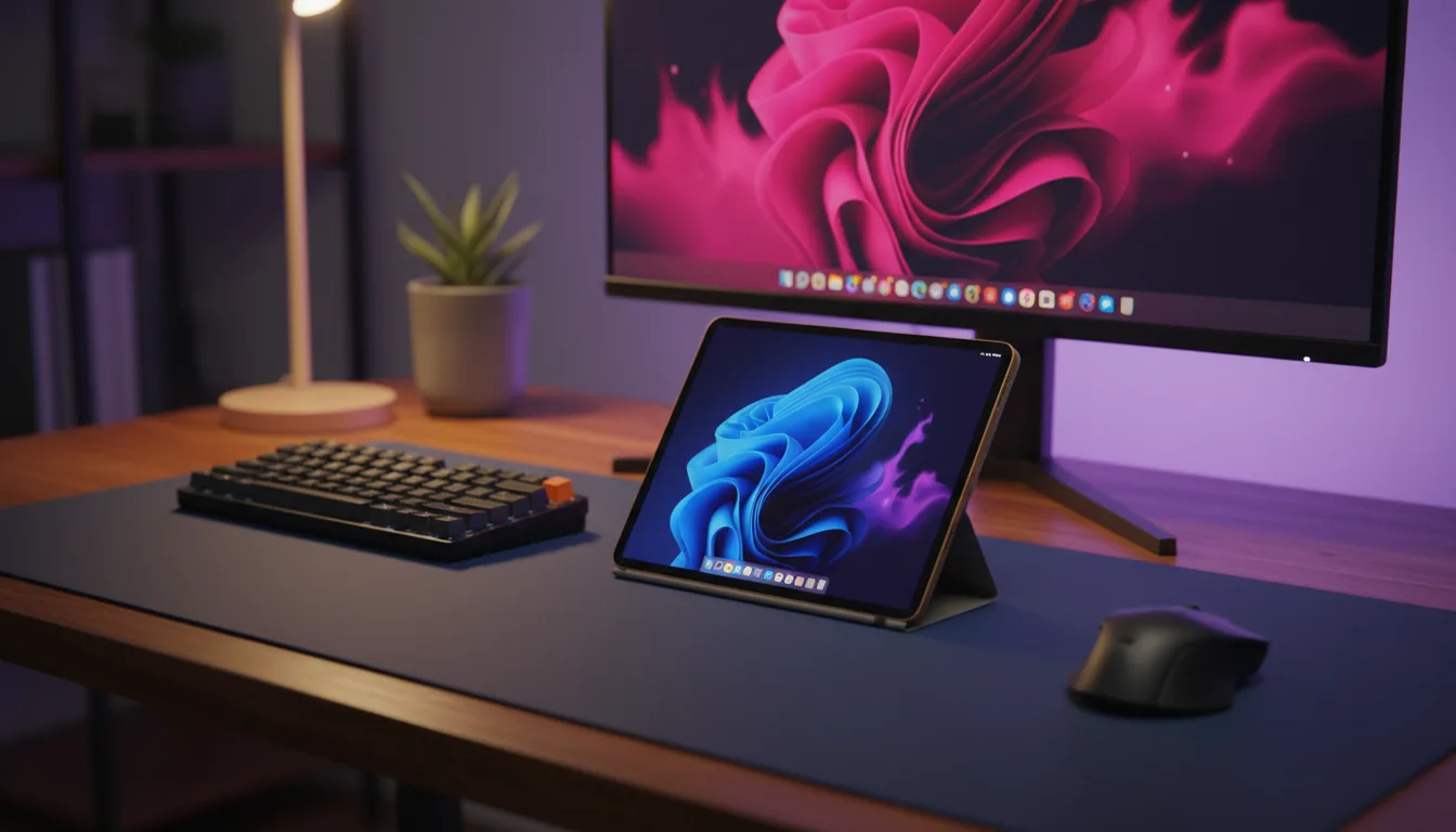 DSLR photograph of a meticulously organized tech desk setup, captured with a shallow depth of field. The central focus is a gold-colored iPad, its screen brilliantly displaying an abstract wallpaper of swirling electric blue and purple liquid art. The iPad rests on a warm, rich-toned wooden desk, partially covered by a large, matte dark-blue desk mat. In the foreground, a compact black mechanical keyboard with a distinctive orange accent key and an ergonomic mouse are visible. Behind the iPad, a large computer monitor features a similar liquid art wallpaper in vibrant hot pink and black, with a row of abstracted colorful app icons at the bottom. The scene is illuminated with cinematic contrast lighting, a soft warm glow from a lamp on the left, and a cool purple backlight behind the monitor.