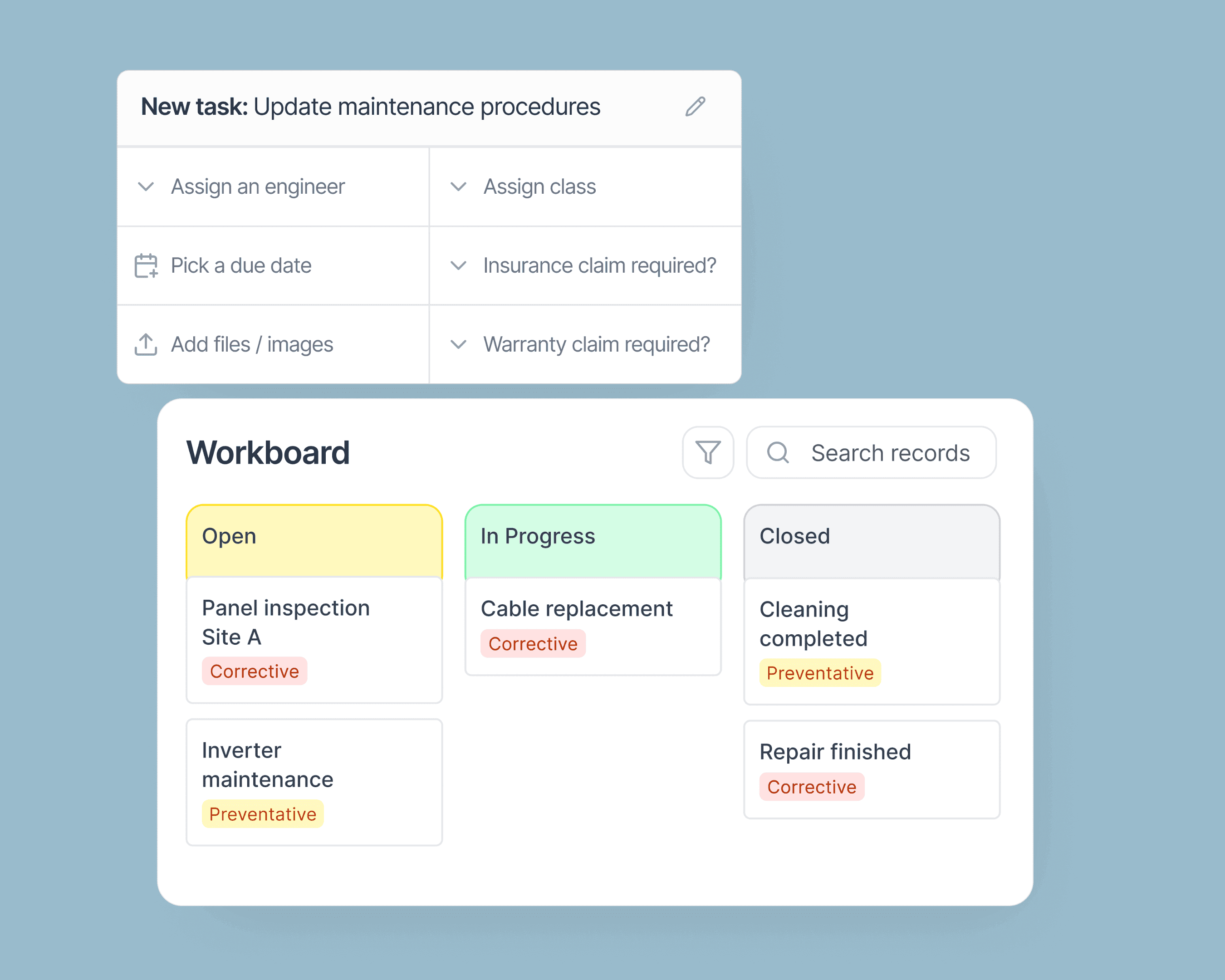 An Alentis dashboard showing a workboard with new task creation