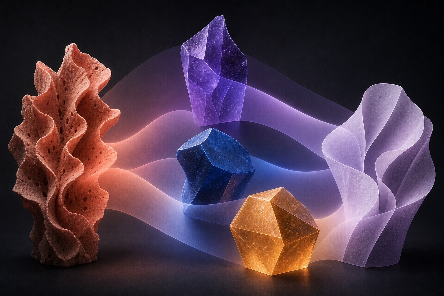 A coral node branches to three geometric workers that converge on one pale verification node.