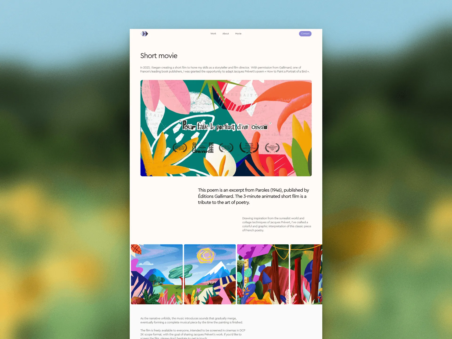 Cedric Layrac motion designer short film page featuring a colorful illustrated interpretation of Jacques Prévert’s poem.