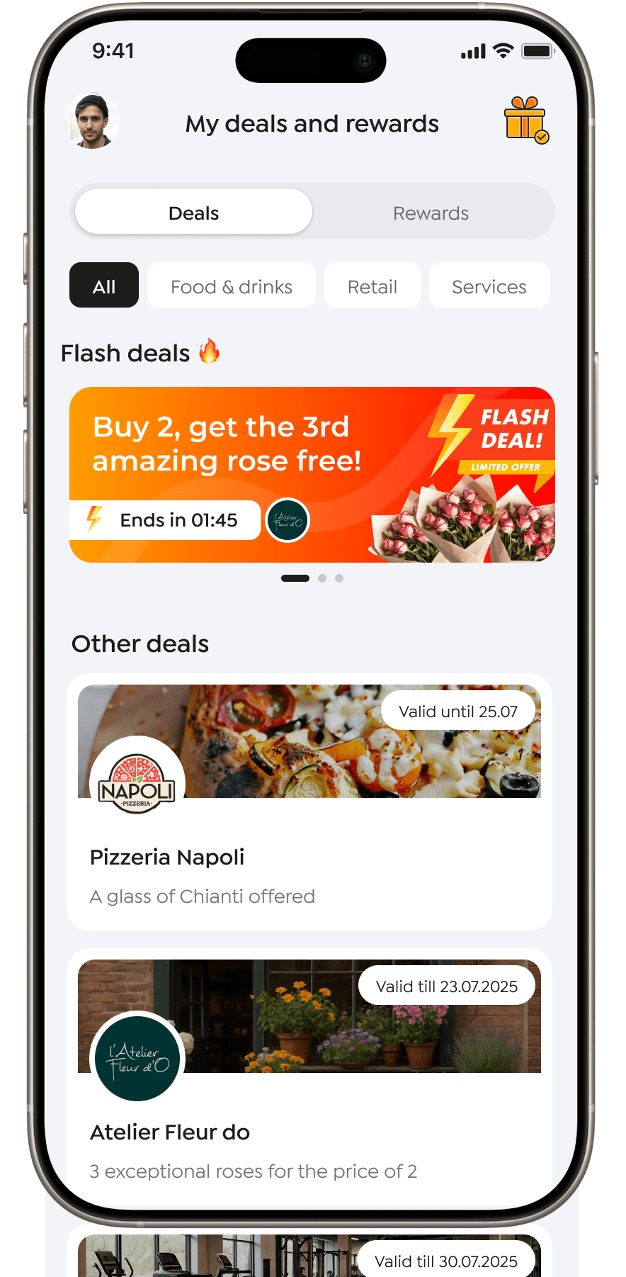 Mobile app screen showing PimPay coupon offers with 10% discount at Napoli Pizzeria