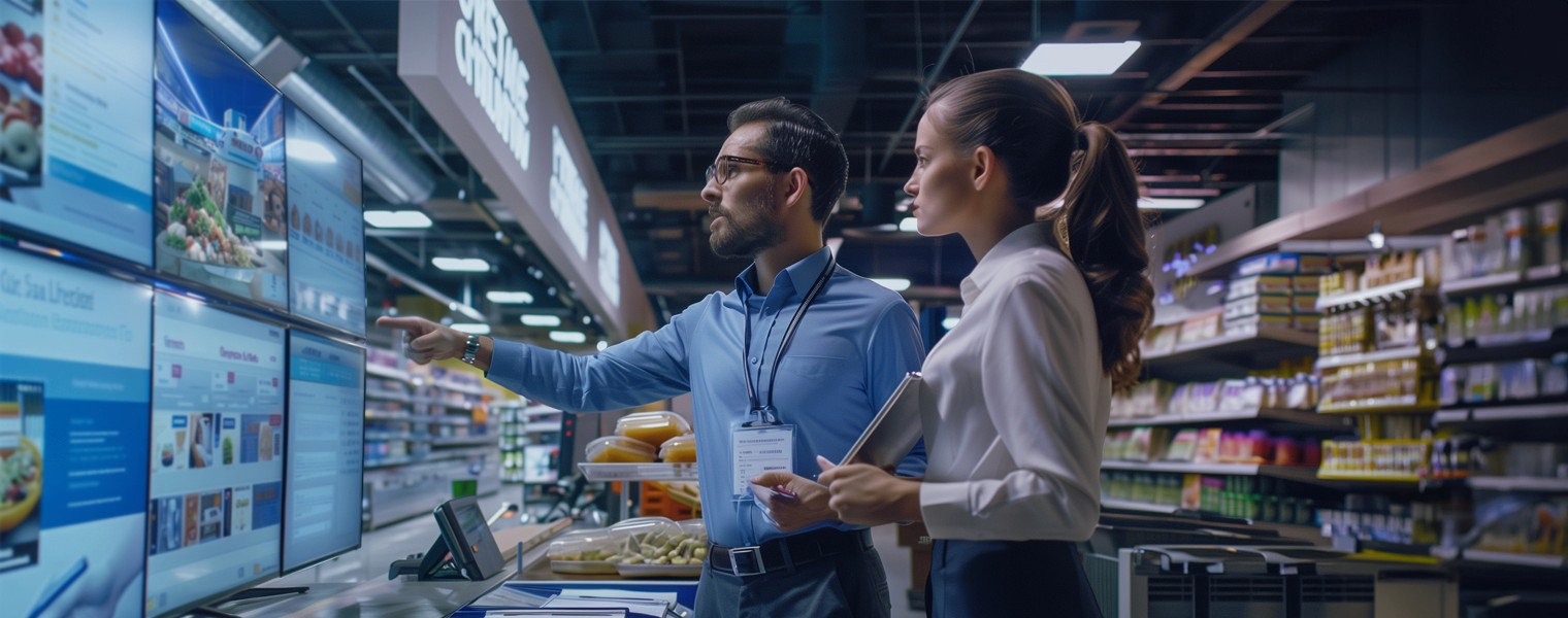 Two store associates examine computer monitors displaying planogram information powered by a retail computer vision system.