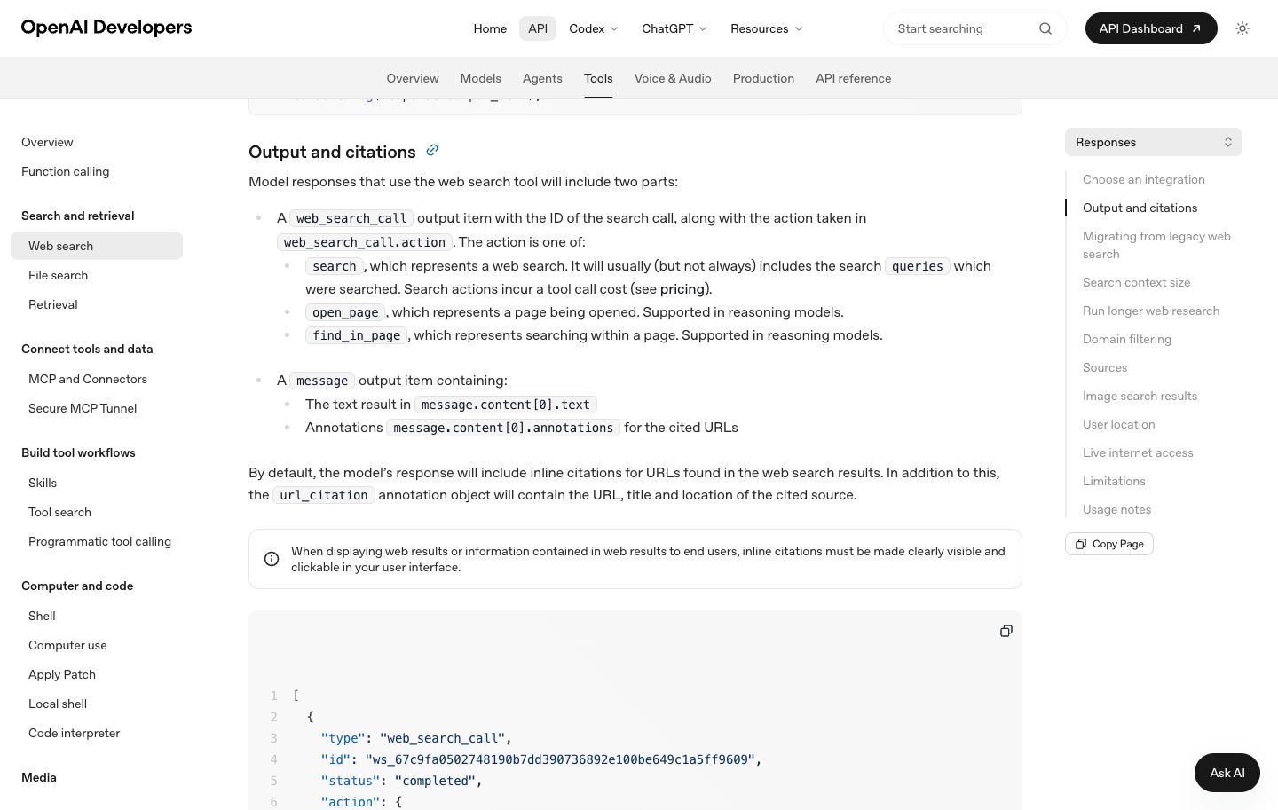 OpenAI documentation showing web search output and citation fields