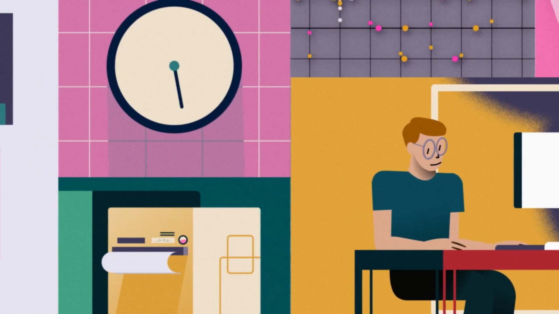 An illustration of a man sitting at a desk, with vibrant colors and geometric shapes