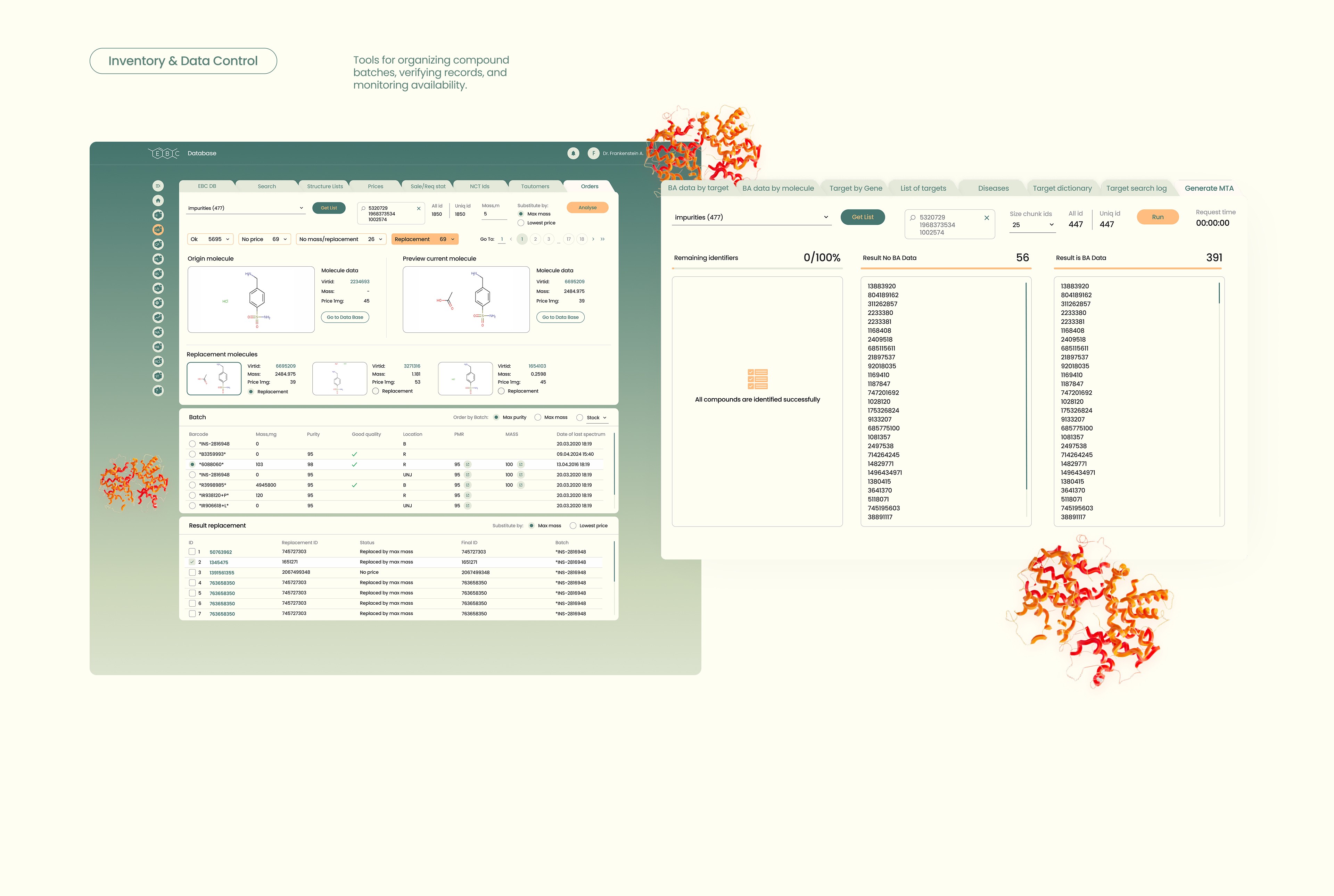 Internal SaaS dashboard for managing compound entries and scientific data tables.