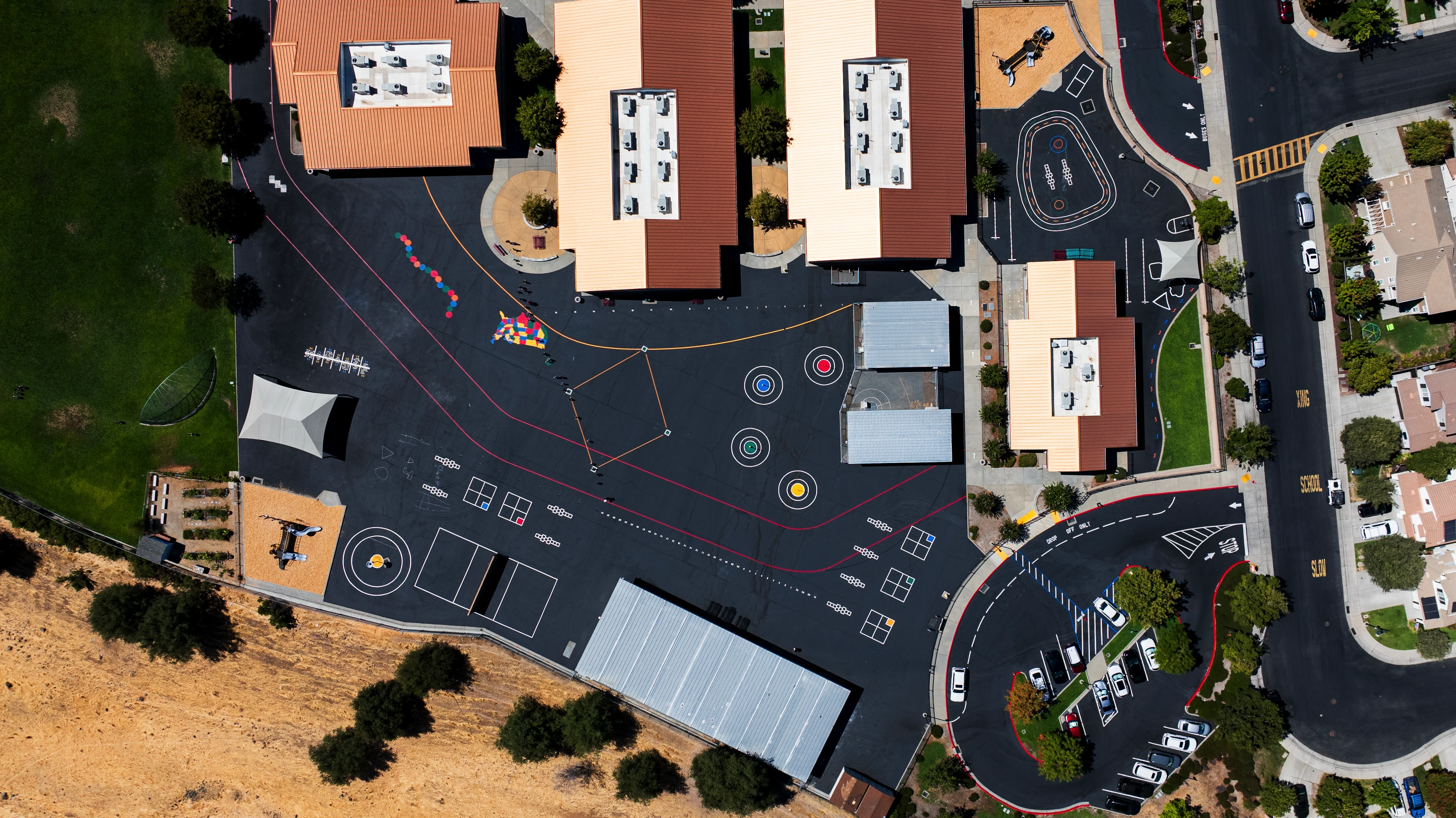 Aerial photo of custom painted school playground games