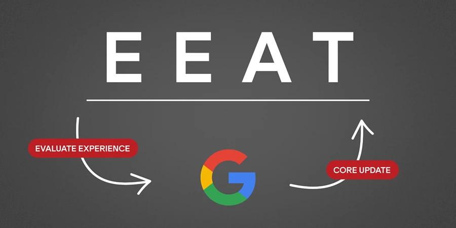 A graphic showing EEAT at the top of a cycle with "Evaluate Experience" pointing to Google from it, and "Core update" from Google back to EEAT.
