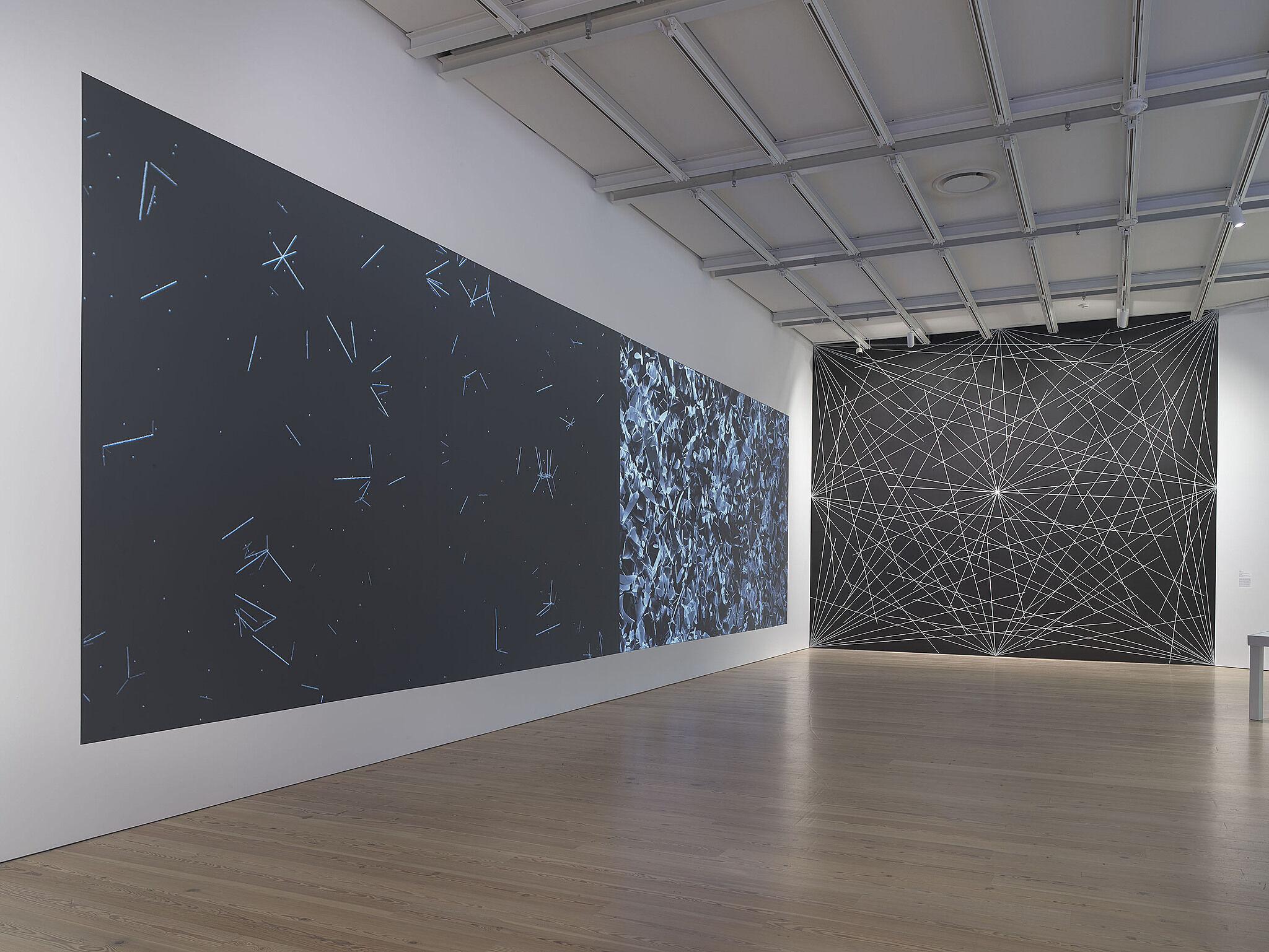 Installation view of Casey Reas'Structure 3A and 3b (left) in Programmed: Rules, Codes, and Choreographies in Art, 1965–2018 at the whitney museum of american art, 2018.