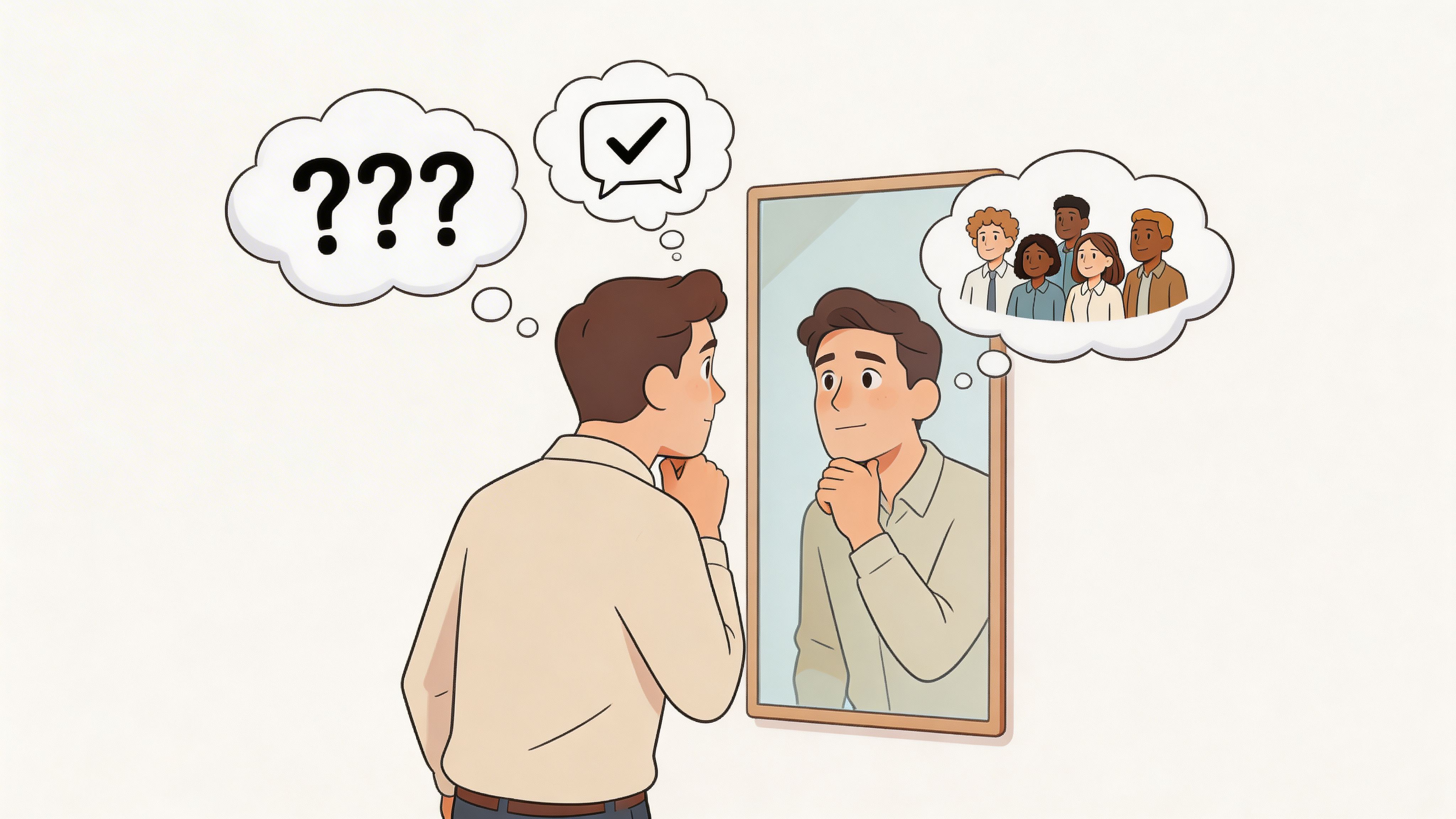 A man looking in a mirror contemplating his professional identity and connection to his diverse team members.