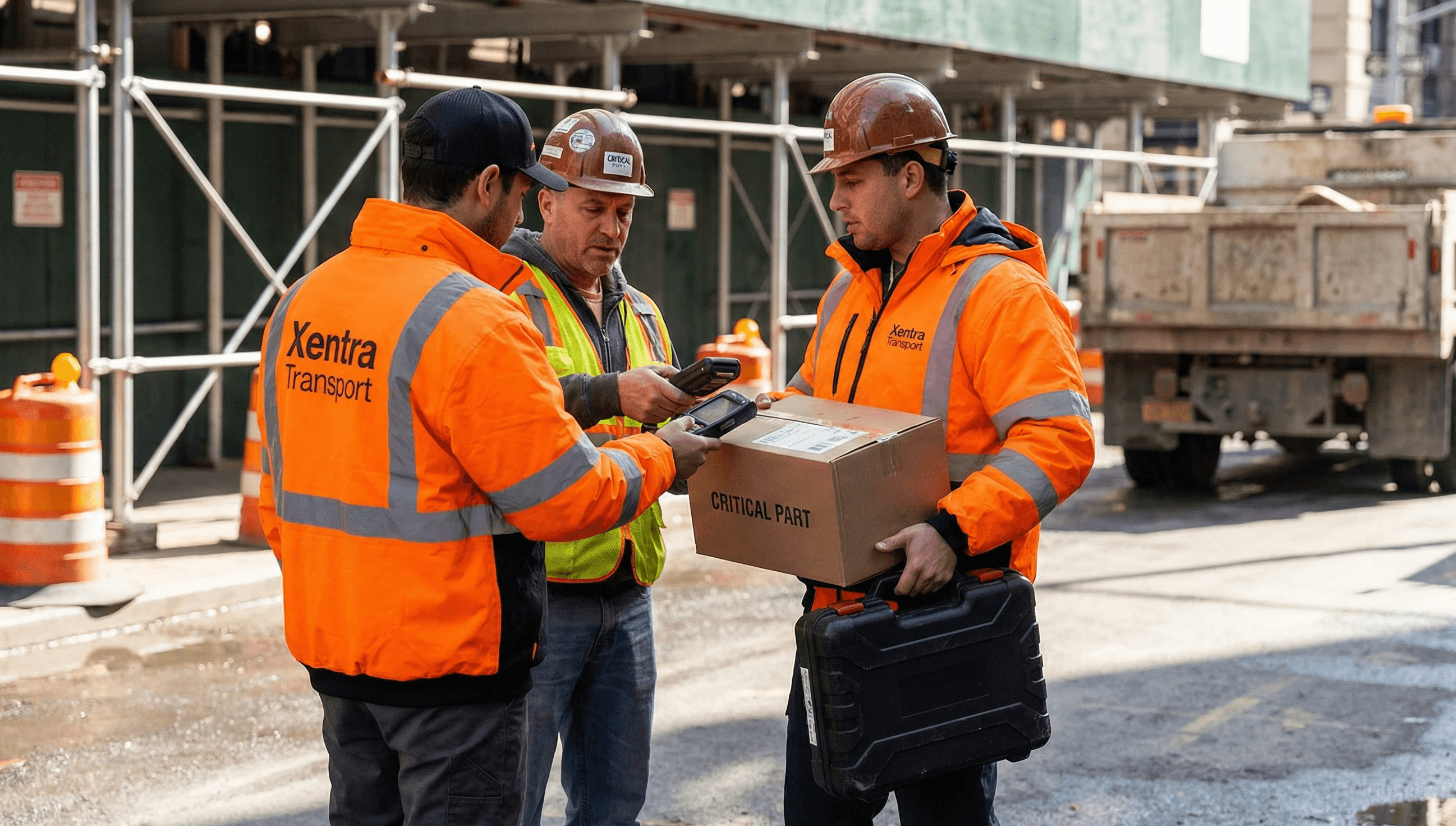 hands a boxed critical part and tool case to a foreman while scanning delivery.