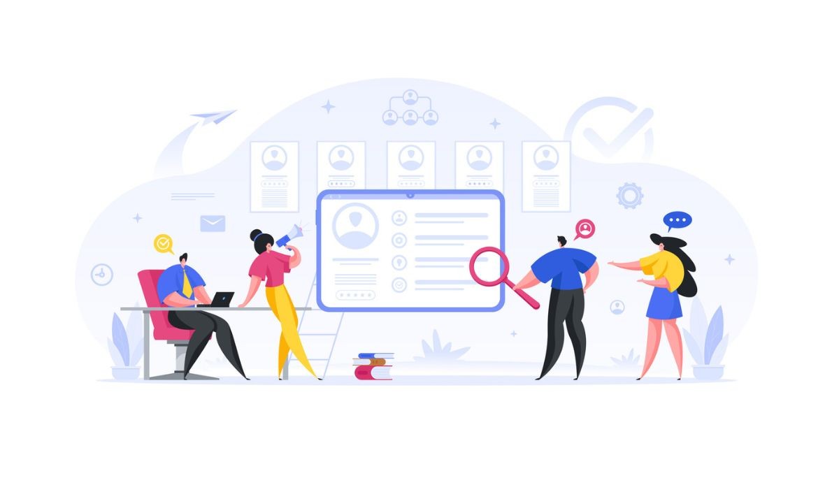 Illustration of two people adjusting interlocking gears within a circular arrow loop, surrounded by charts and checklists.