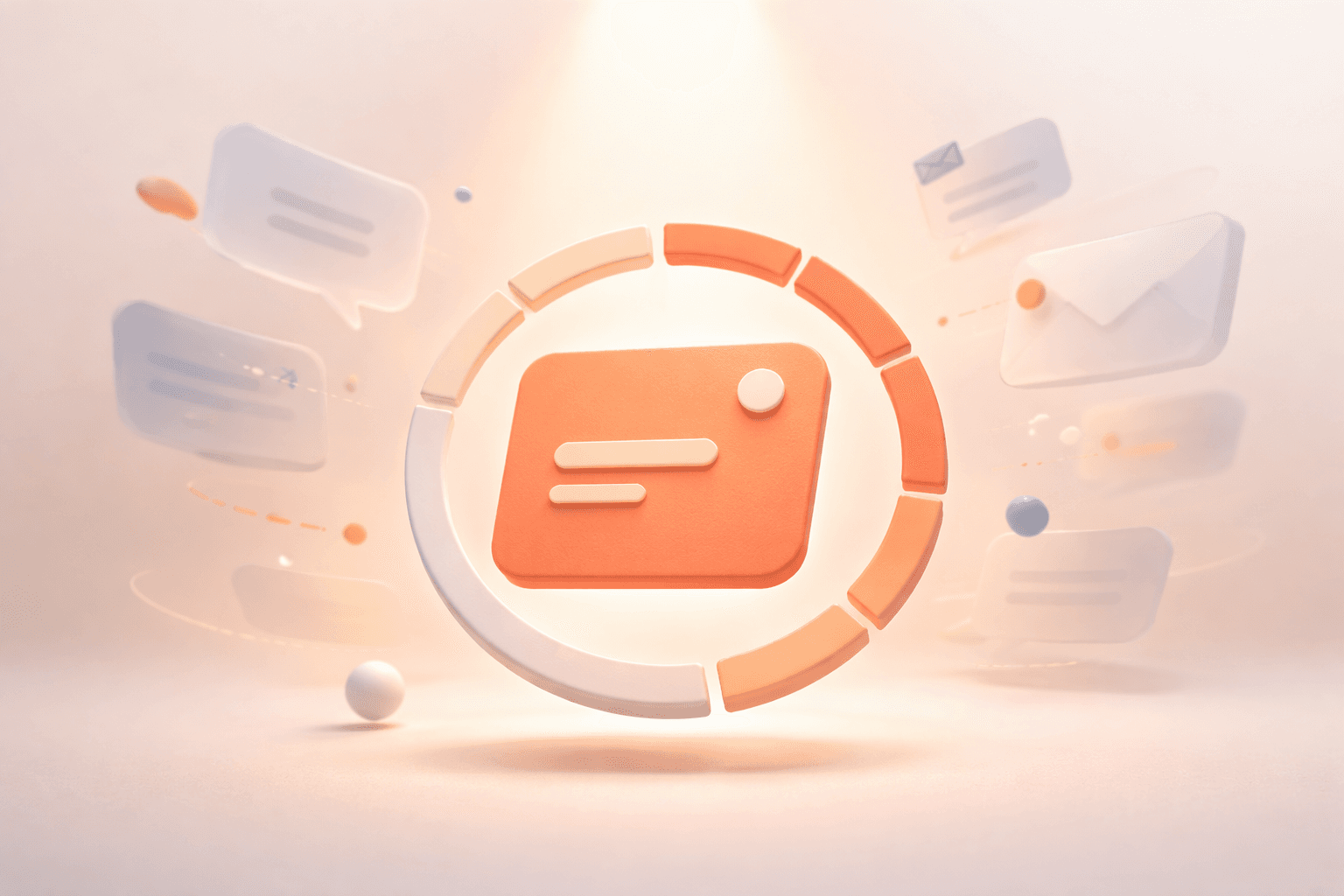 Minimalistische 3D-Illustration einer korallorangefarbenen Aufgabenkarte im Zentrum, umgeben von einem segmentierten Timer-Ring, der Arbeits- und Pausenzyklen symbolisiert. Im Hintergrund schweben leicht transparente Symbole wie Chatblasen, Benachrichtigungspunkte und E-Mail-Icons, die auf einem warmen creme-beigen Farbverlauf nach außen verblassen und Ablenkungen im Arbeitsalltag darstellen.