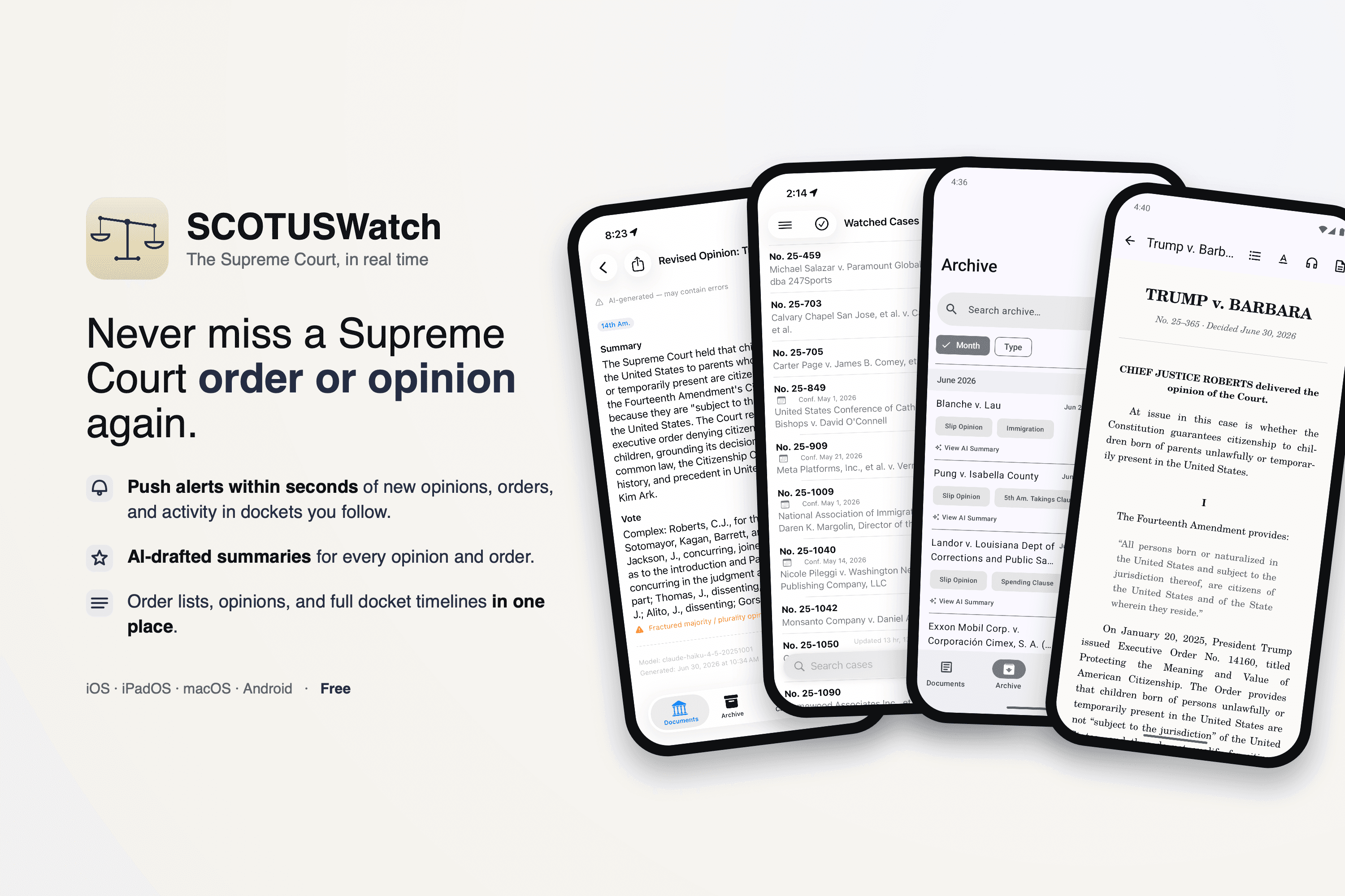 SCOTUSWatch. The Supreme Court, in real time. Never miss a Supreme Court order or opinion again.