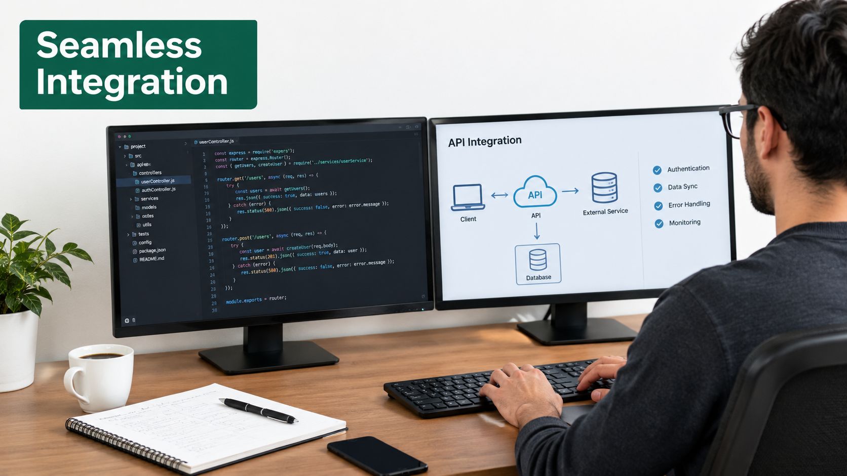 A professional developer working on API integration code on dual computer monitors in an office setting.