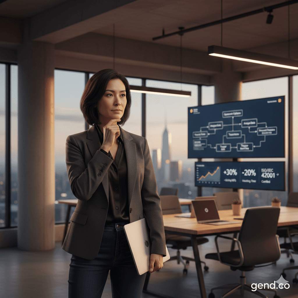 A group of four colleagues is engaged in a meeting in a modern office, with a woman presenting colorful Miro bar charts on a large screen, as three others seated with laptops and a coffee cup listen attentively.