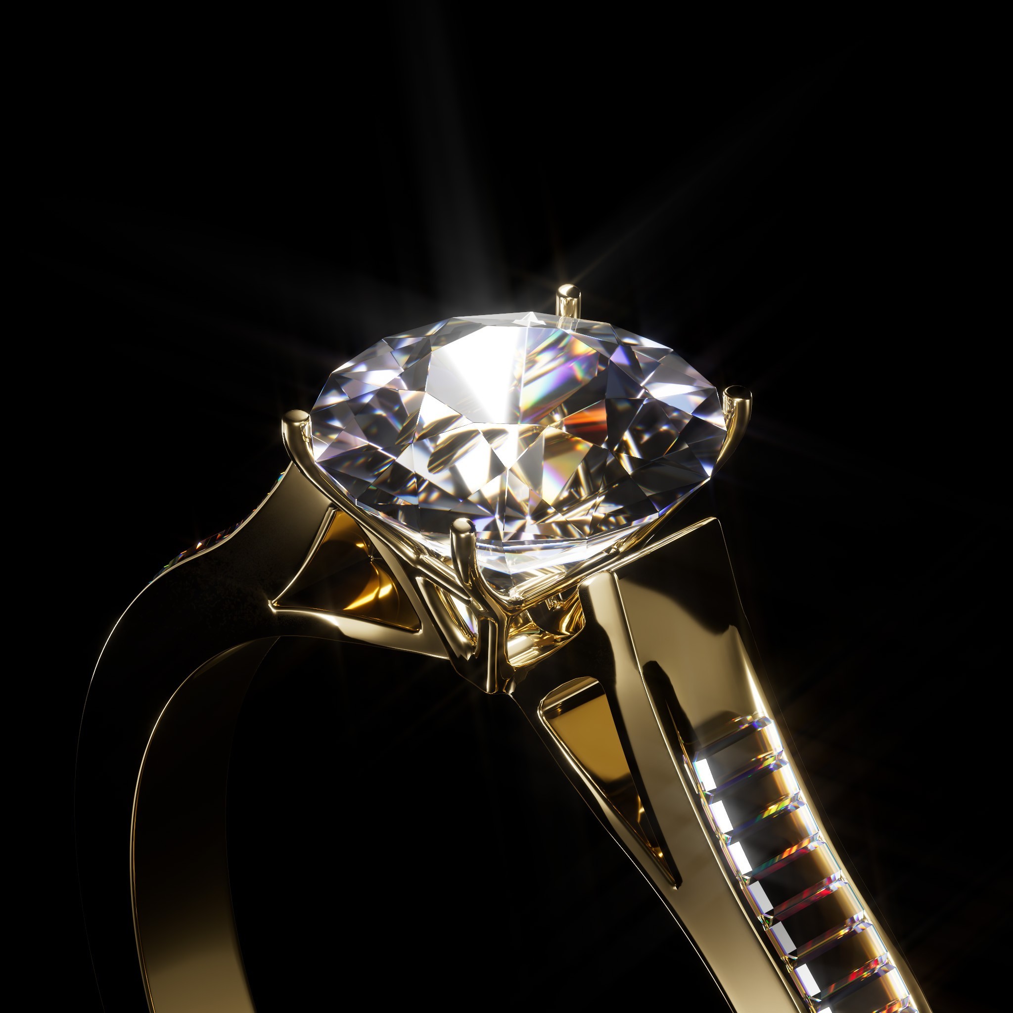 Fotorealistisches 3D-Rendering eines goldenen Diamantrings mit sichtbarer Lichtbrechung im Stein und warmem Reflexionslicht