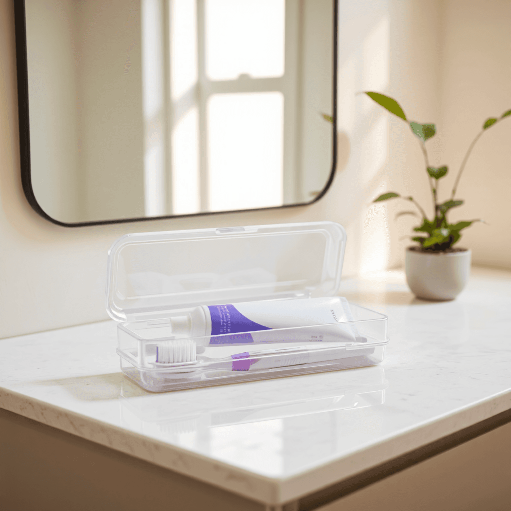 product photography of a dental care kit containing a toothbrush and toothpaste