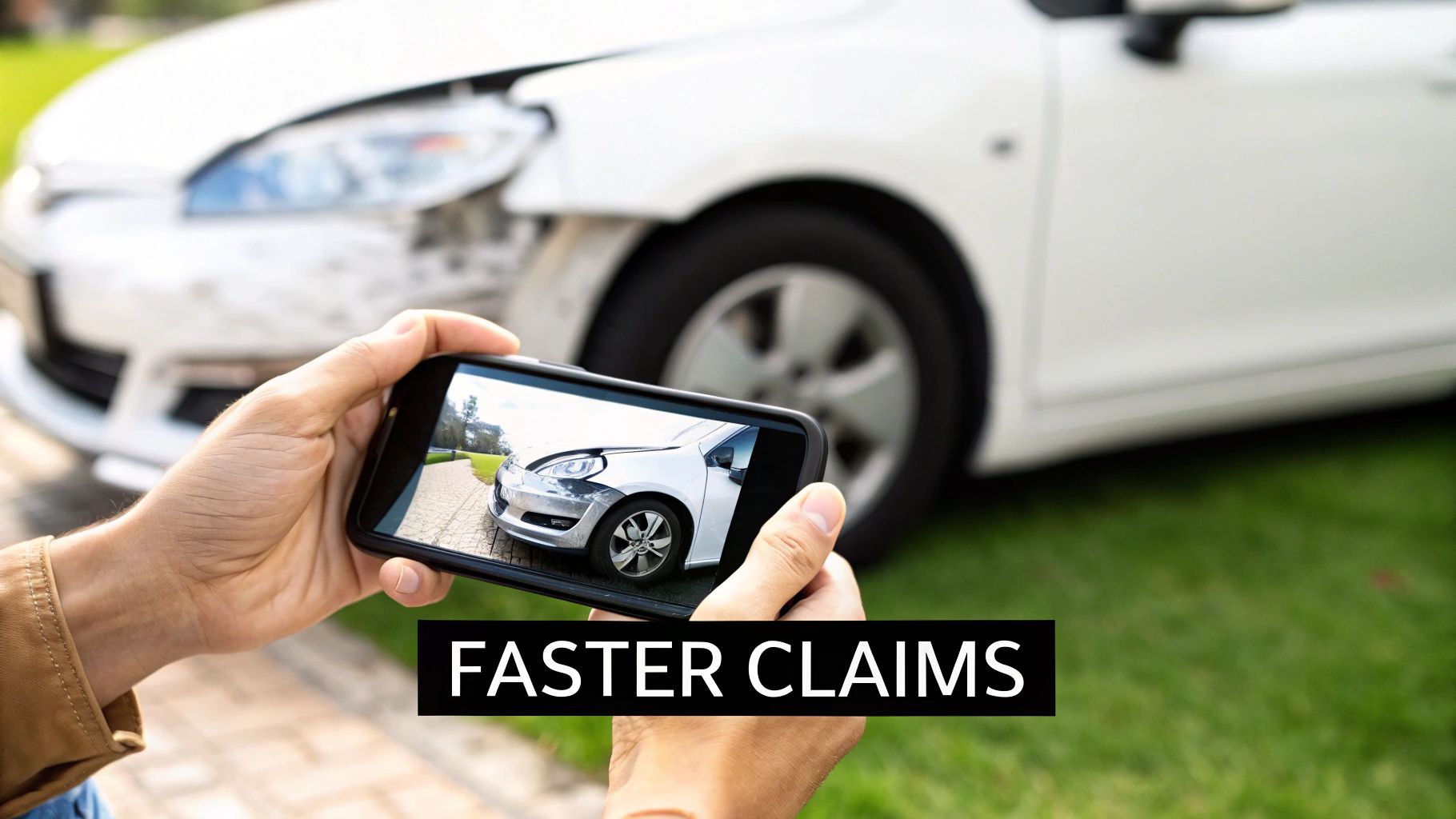 Hands hold a smartphone taking a photo of a damaged white car for faster insurance claims.