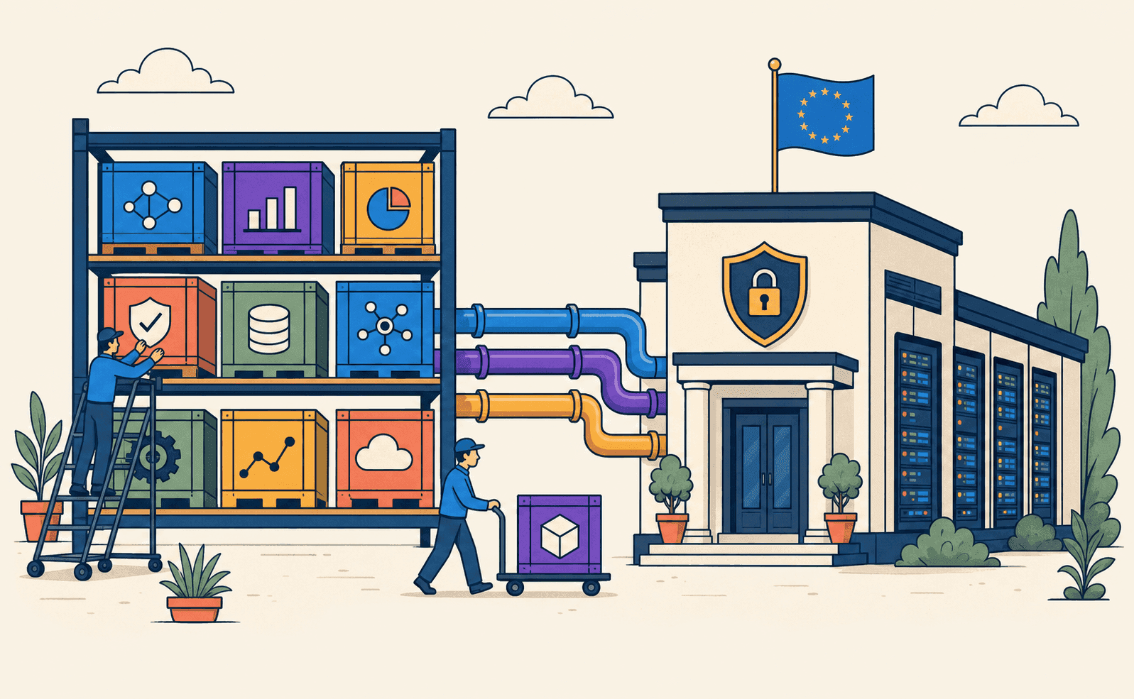 Illustration: Regal mit KI-Modell-Kisten neben europäischem Rechenzentrum