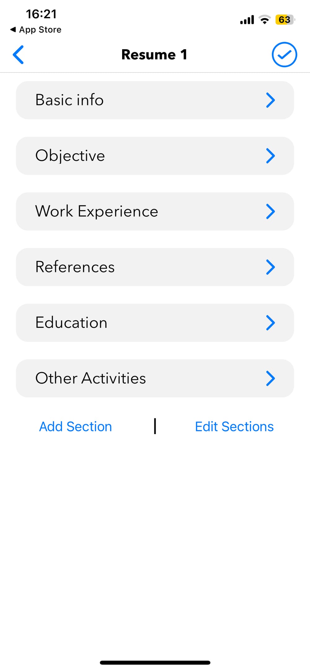 Screenshot of the main menu for the Resume Builder⁺ iOS app.