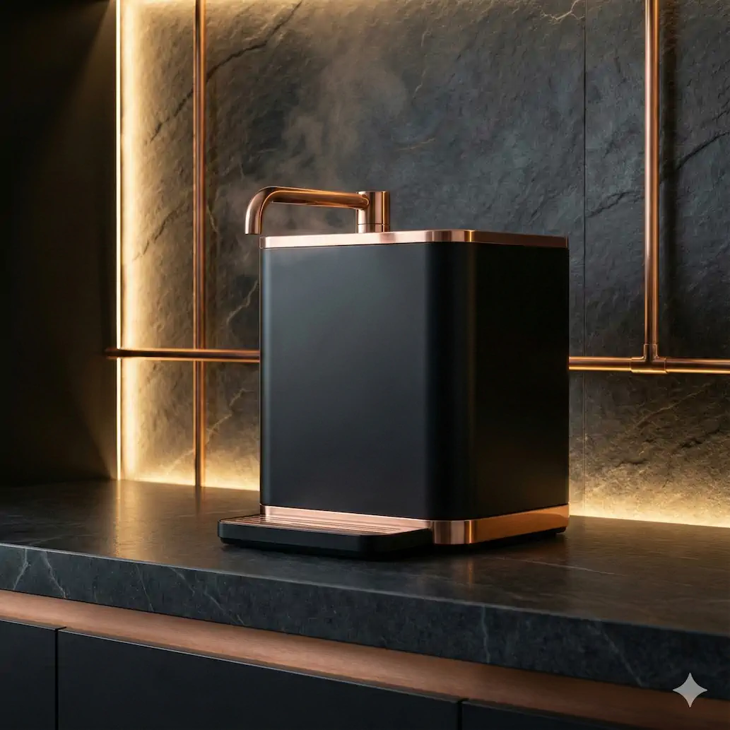 Système de filtration d’eau haut de gamme sur comptoir en pierre sombre avec finitions cuivre – installation type fontaine Kangen, ambiance premium.