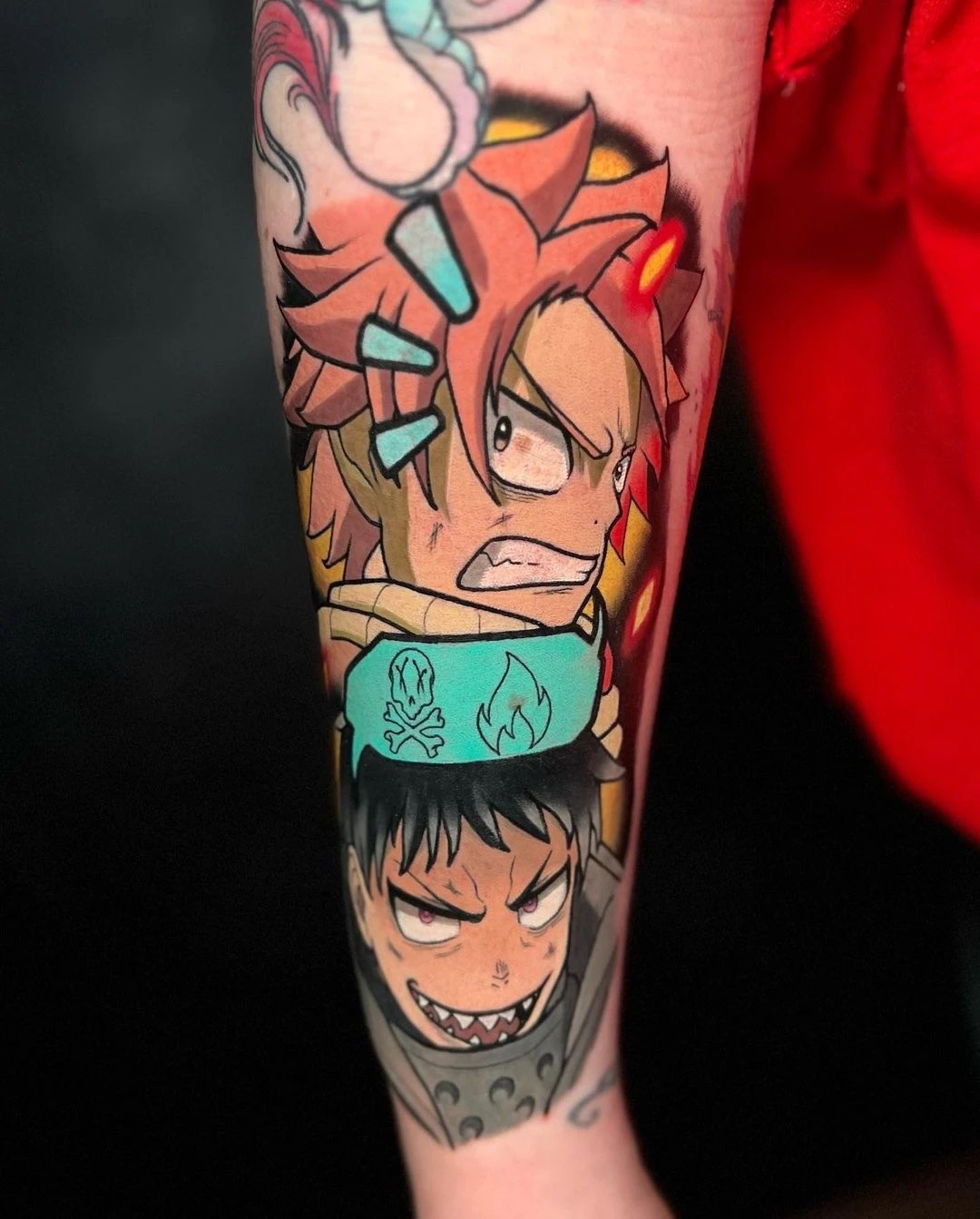 colorful and detailed anime tattoo of natsu with shinra from the animes fairy tale and fireforce