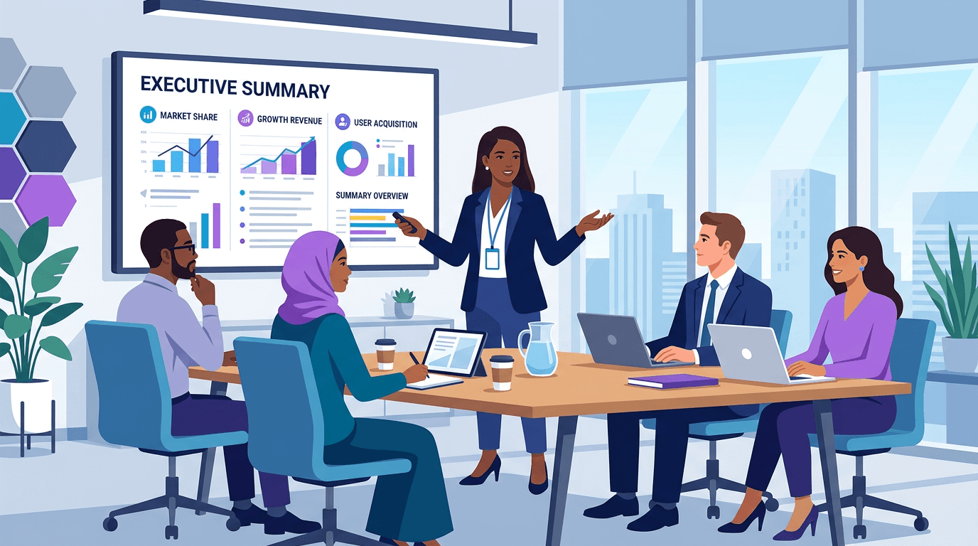 Professional presenting an executive summary to stakeholders in a modern meeting room