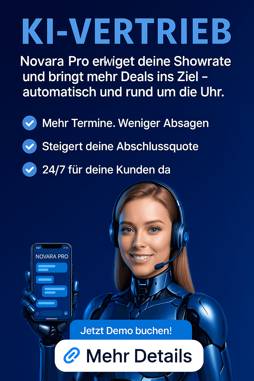 Werbegrafik zu Novara Pro KI-Vertrieb mit Text über automatisierte Verkaufsunterstützung und Abbildung einer digitalen Assistentin mit Smartphone.