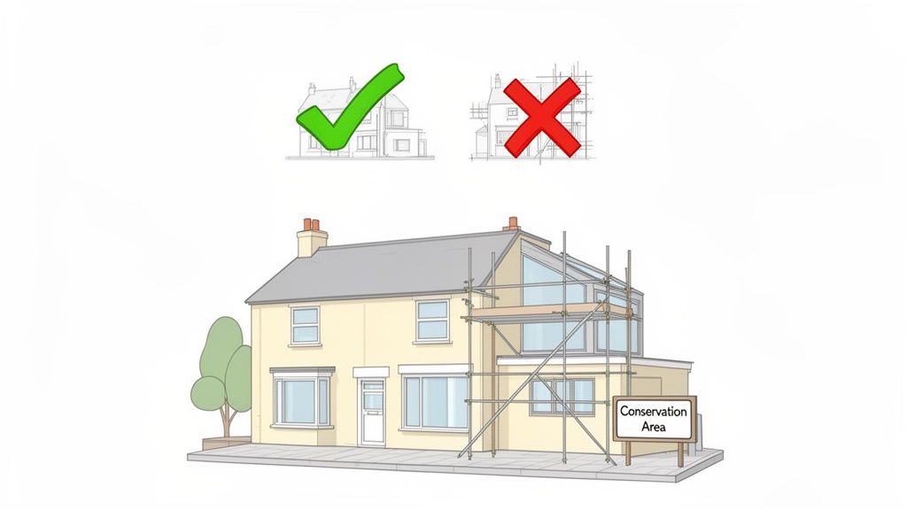 Illustration showing a house extension in a conservation area, contrasting permitted and unpermitted development.