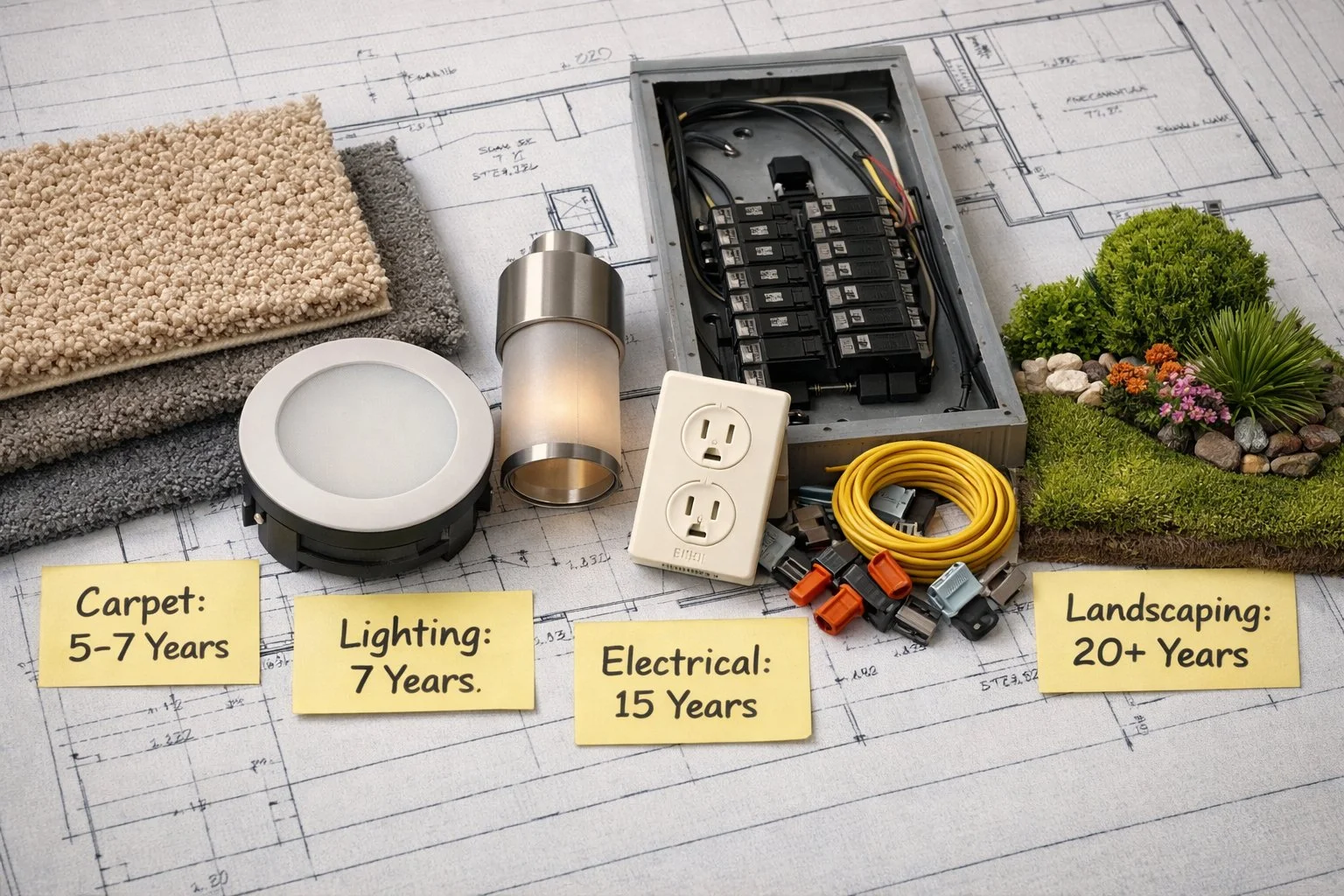Close-up of building components like carpets, lighting, electrical panels, and landscaping arranged on a blueprint showing depreciation timelines.
