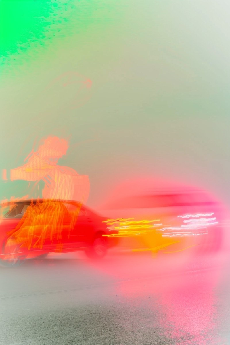 A vibrant, motion-blurred image of a red car speeding through city streets at night, surrounded by colorful streaks of light, showcasing dynamic urban nightlife and movement.