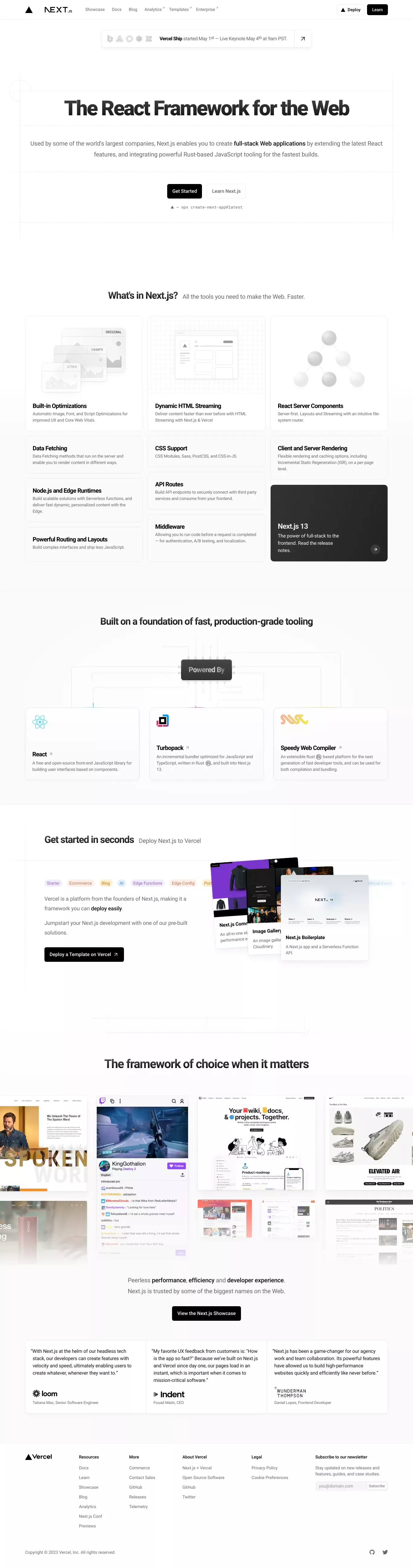 Next.js by Vercel - The React Framework landing page screenshot showcasing Tech design