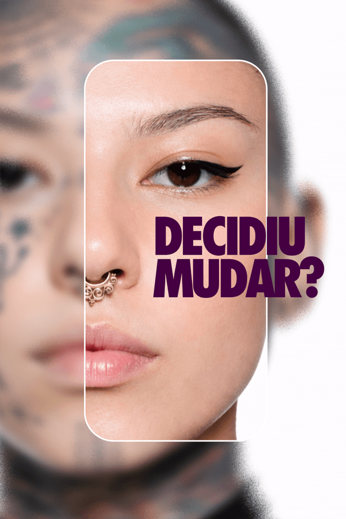 Banner da clínica NO INK para remoção de tatuagem a laser com a frase "Decidiu mudar?". A imagem mostra a comparação entre um rosto com tatuagens (desfocado ao fundo) e um rosto com a pele limpa (em destaque)