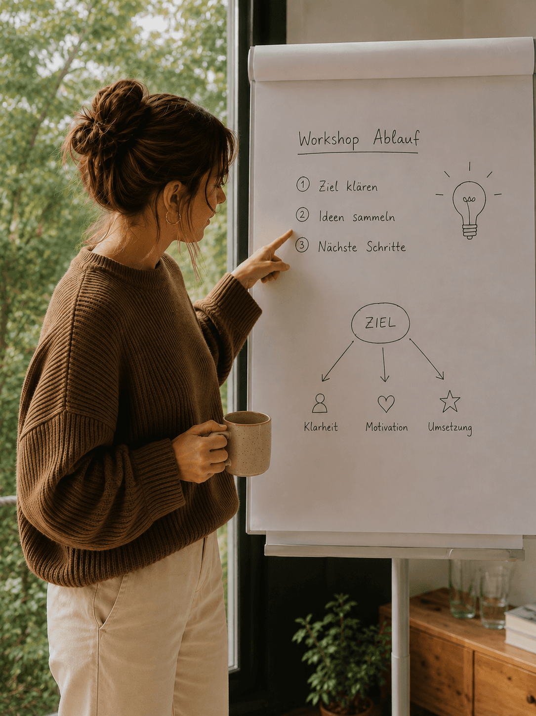 Mitarbeiterin mit orangefarbenen Pullover zeigt auf ein Flipchart.