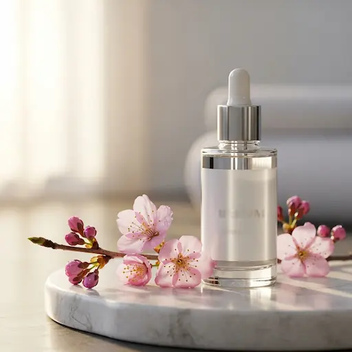 Serum do twarzy w szklanej butelce z pipetą i kwiatami – pielęgnacja regenerująca po masażu Kobido