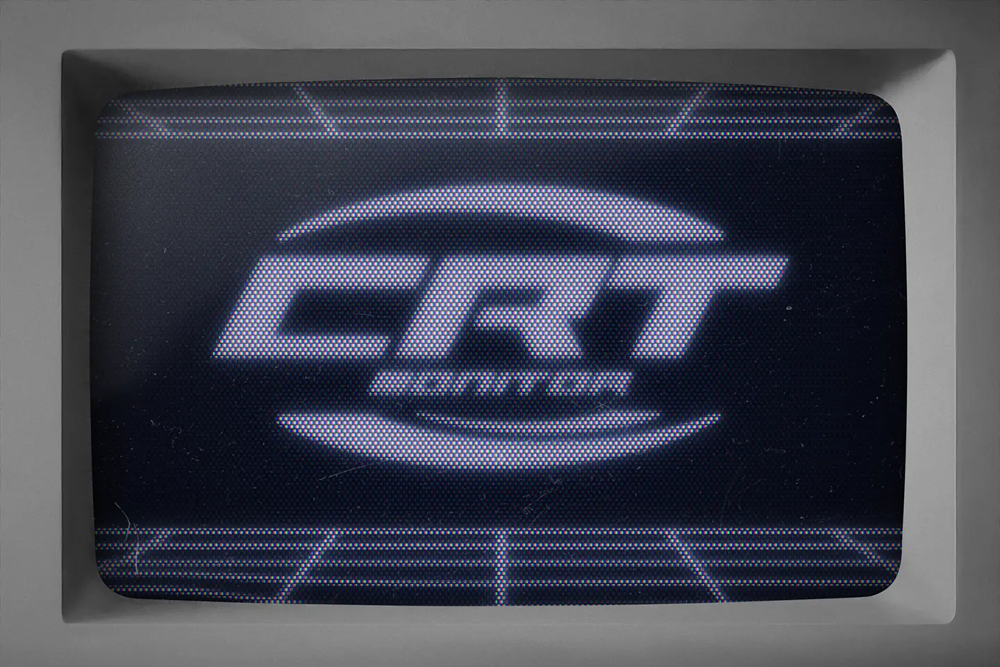 Retro CRT Monitor Mockup featuring a glowing blue logo with realistic screen curvature and pixel grid texture