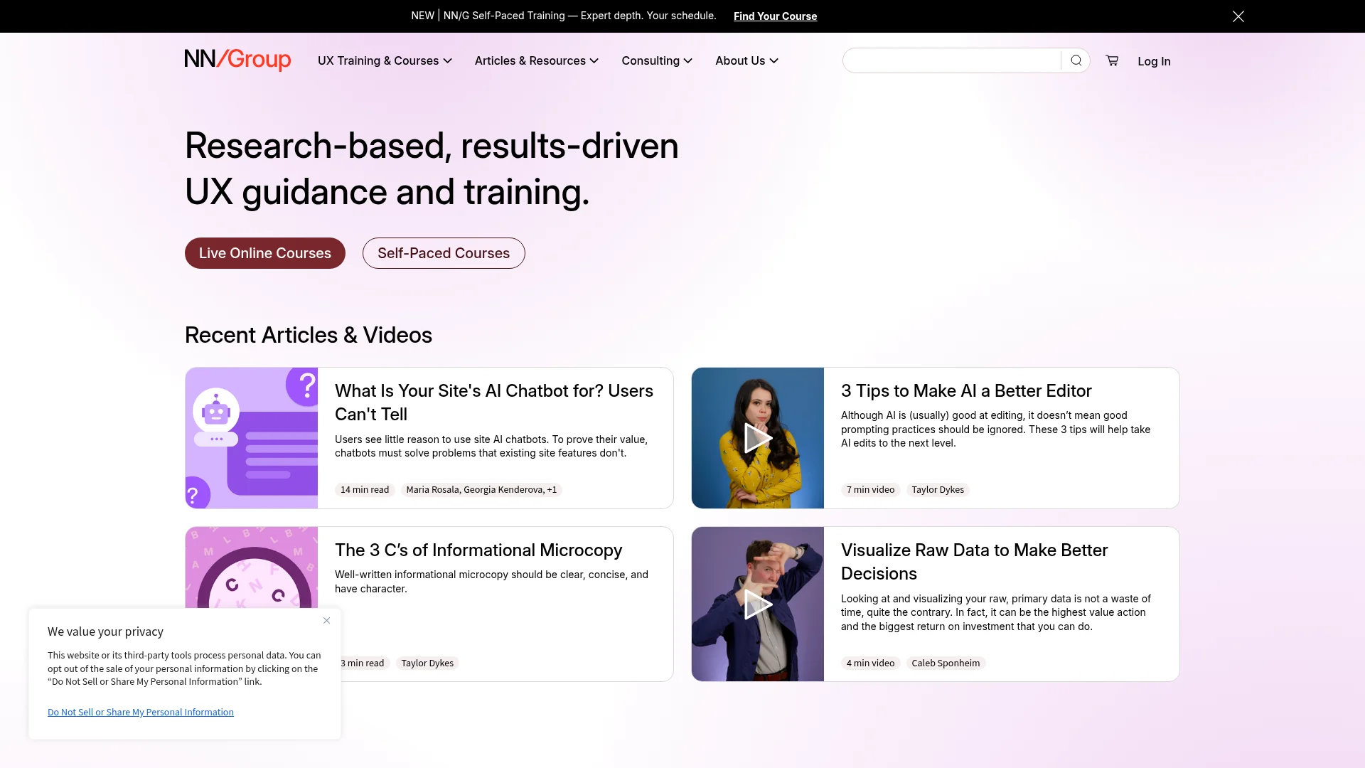 Nielsen Norman Group homepage showing research-based UX guidance for usability testing and app design