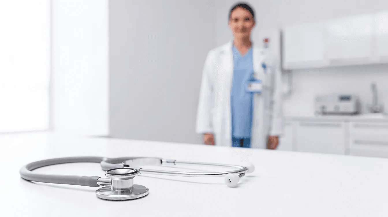 The image depicts a stethoscope positioned on a clean surface, alongside a medical professional in scrubs, suggesting a healthcare setting focused on patient care. This environment symbolizes the importance of health and wellness, paralleling the significance of understanding types of retirement accounts, such as 401(k) plans and individual retirement accounts, for securing financial health in retirement.