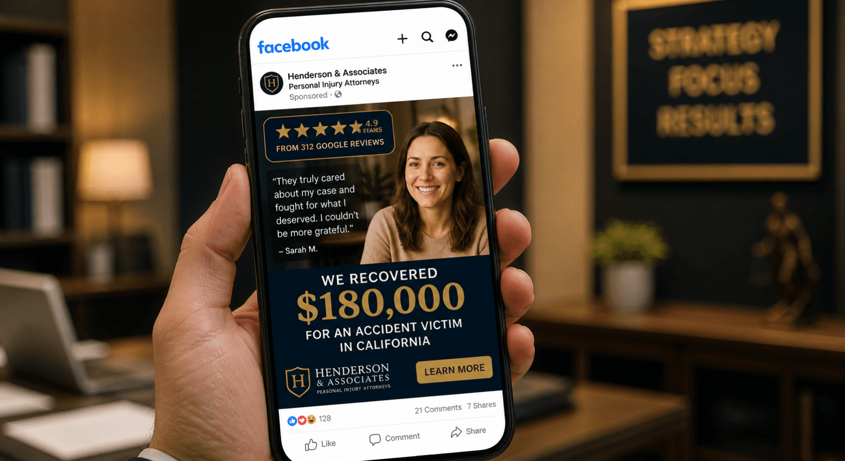 Facebook ad mockup for law firm showing social proof with client testimonials and case results for facebook ads that convert
