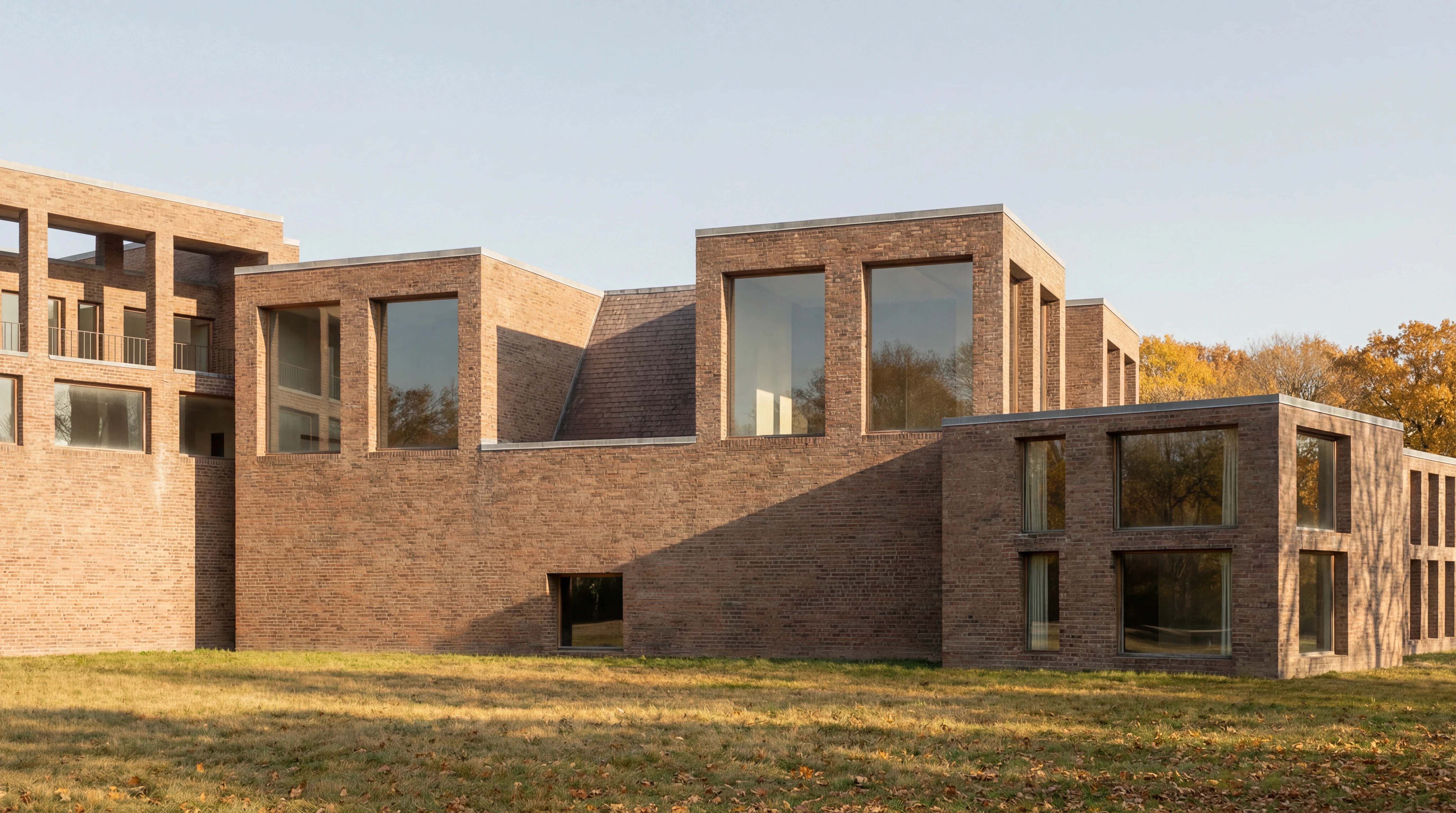 Brick monastery courtyard exterior in golden hour light — Dominican Motherhouse I AI reconstruction