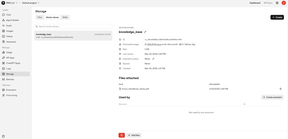 A screenshot of a vector store management interface showing details of a ‘knowledge_base’ embedding storage with attached files and usage information.