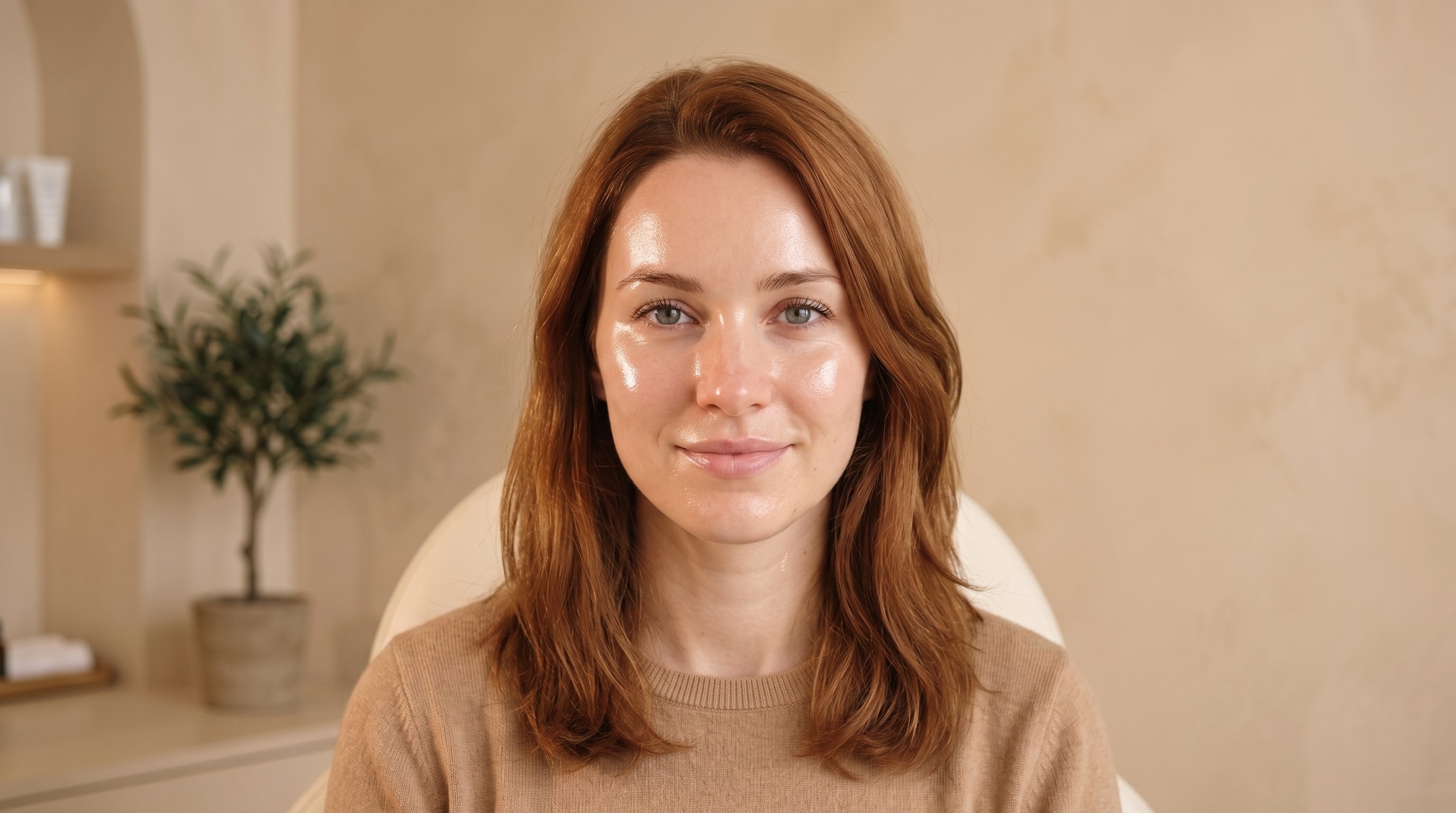 A person smiling and holding a plant indoors.