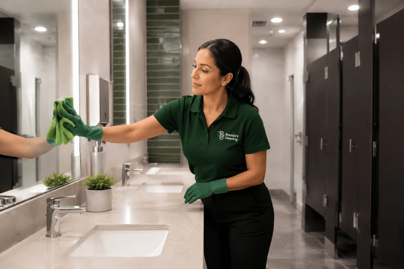 A smiling commercial cleaning professional with Brenda's Cleaning service sanitizing an office desk with a green microfiber cloth. She is holding a company-branded spray bottle labeled "Multi-Surface Disinfectant" while wiping down the wooden workstation. Dressed in a branded navy blue uniform polo shirt and black trousers, without gloves, she highlights professional office janitorial services, corporate workspace disinfection, and commercial property maintenance inside a modern corporate office building with glass-walled conference rooms and workstations in the background.