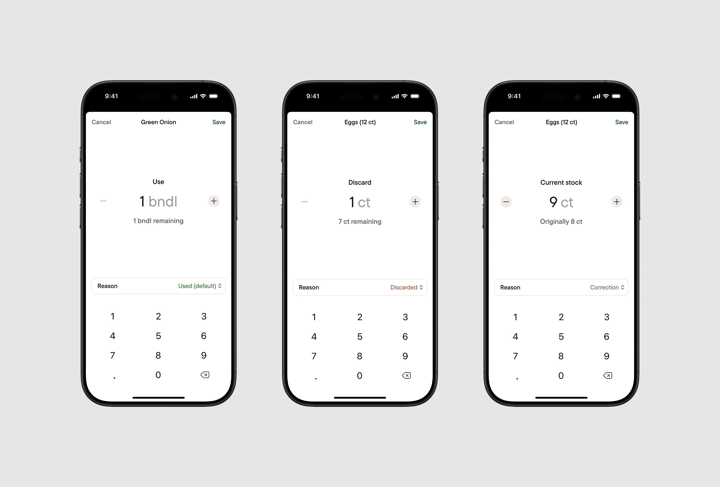 Update stock screen (Used, Discarded, and Correction varients).