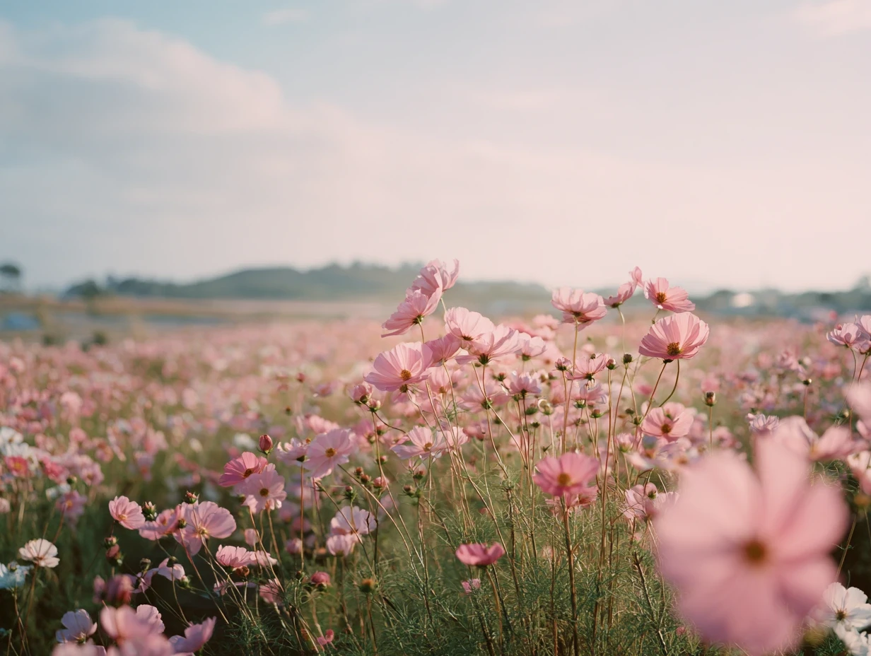 A vast field of pink carnations stretches toward a misty mountain range under a pale, hazy sky.