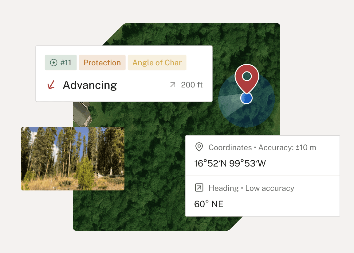 A map interface displaying coordinates, distance marked as "200 ft," and tagged with "EXTREME BEHAVIOR," overlaid on a satellite view of a wooded area.