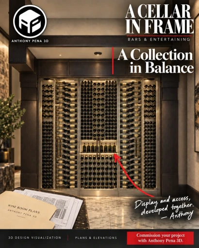 Concept wine-cabinet cover with varied bottle storage inside a dark frame.