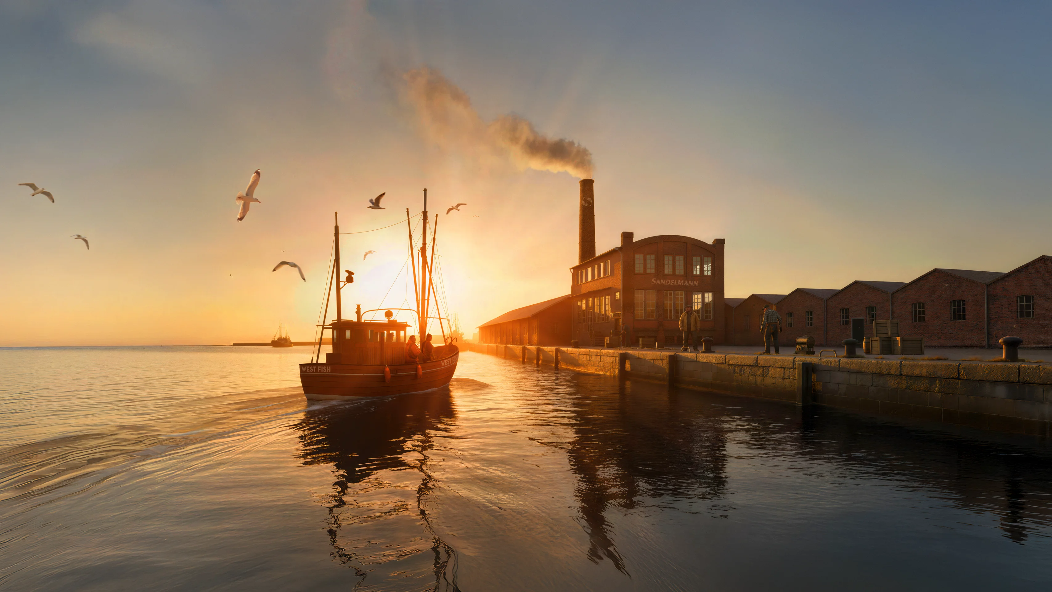 Westfish Fischerboot im Sonnenaufgang vor historischer Räucherei Sandelmann in Bremerhaven